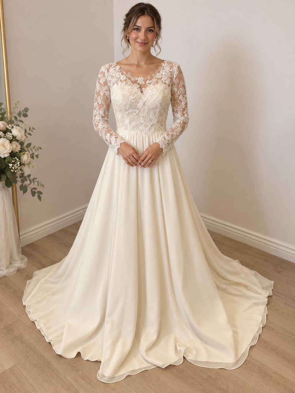 Long Sleeve Lace V-Neck Ivory Wedding Dress